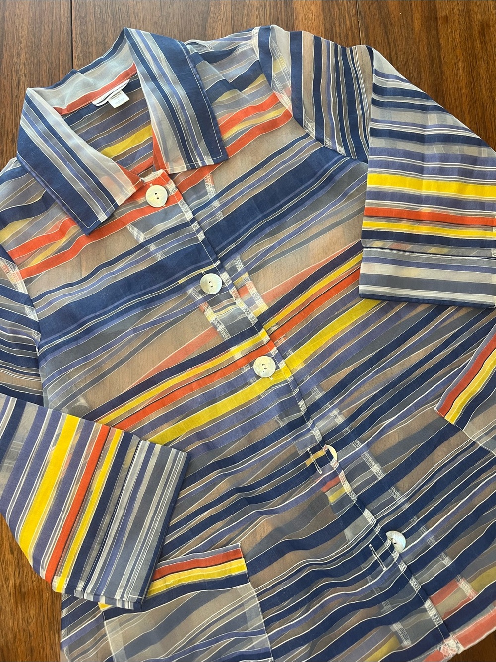 Sheer Striped Button-Down Shirt Jacket in Navy, Yellow, Coral, and White